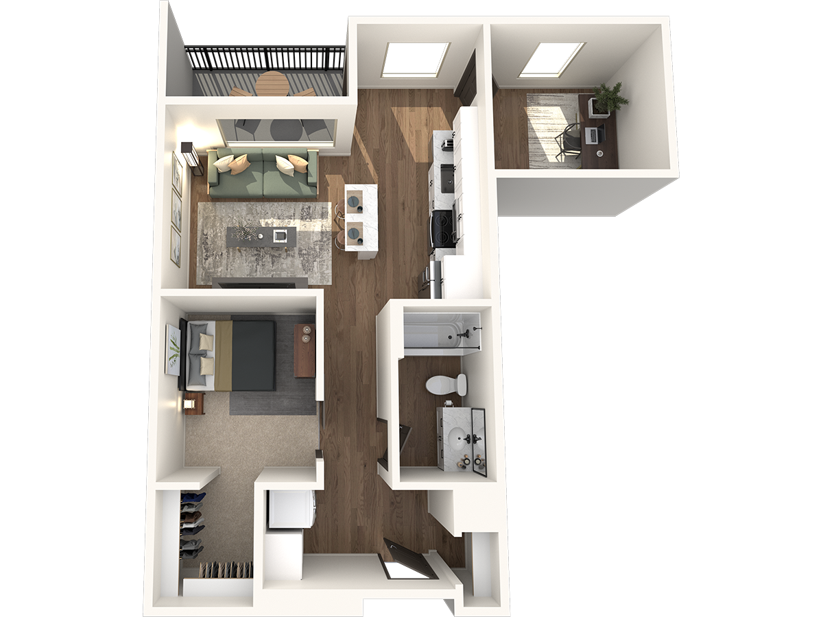Floor plan for 1 bed, 1 bath, 714 sqft